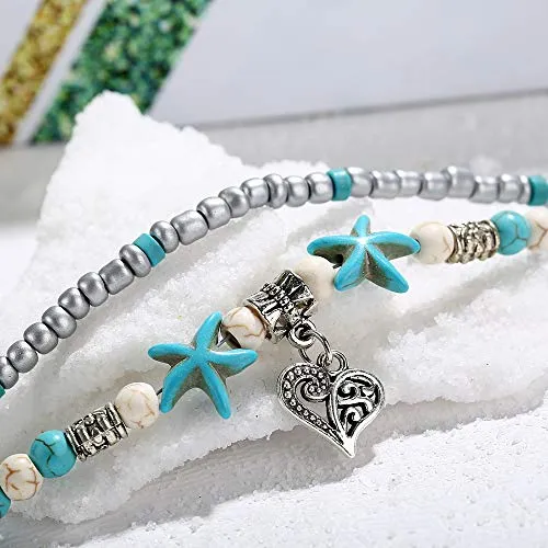 Softones Blue Starfish Turtle Anklet Multilayer Charm Beads Sea Handmade Boho Anklet Foot Jewelry for Women