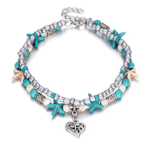 Softones Blue Starfish Turtle Anklet Multilayer Charm Beads Sea Handmade Boho Anklet Foot Jewelry for Women