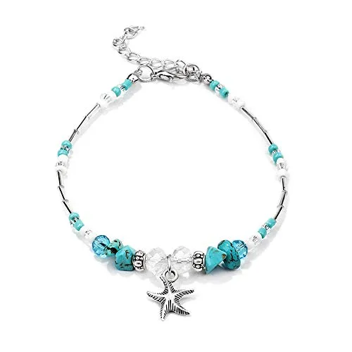 Softones Blue Starfish Turtle Anklet Multilayer Charm Beads Sea Handmade Boho Anklet Foot Jewelry for Women