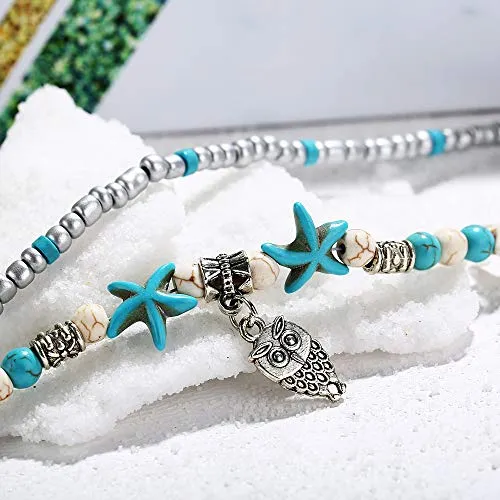 Softones Blue Starfish Turtle Anklet Multilayer Charm Beads Sea Handmade Boho Anklet Foot Jewelry for Women