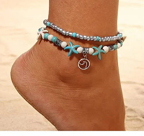 Softones Blue Starfish Turtle Anklet Multilayer Charm Beads Sea Handmade Boho Anklet Foot Jewelry for Women
