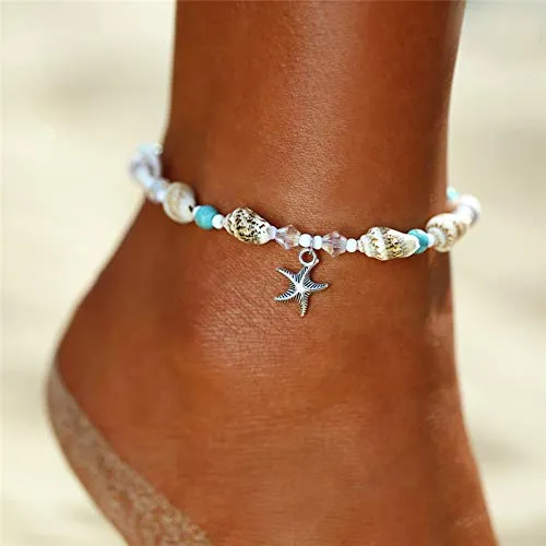 Softones Blue Starfish Turtle Anklet Multilayer Charm Beads Sea Handmade Boho Anklet Foot Jewelry for Women
