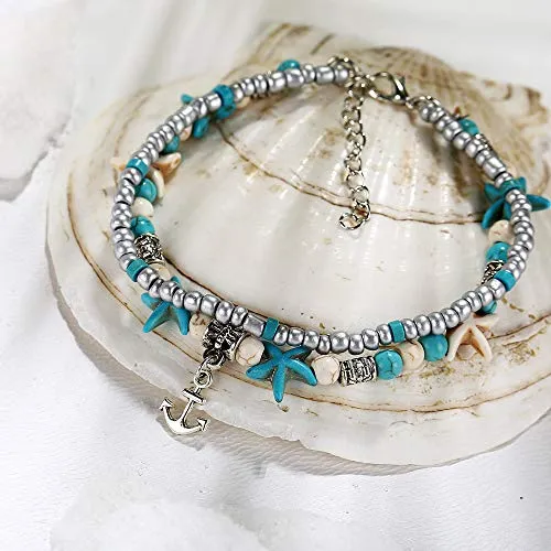 Softones Blue Starfish Turtle Anklet Multilayer Charm Beads Sea Handmade Boho Anklet Foot Jewelry for Women