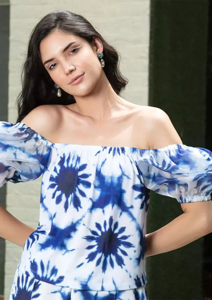 Splash Print Off Shoulder Puff Sleeves Top And Wide Leg Pants Set
