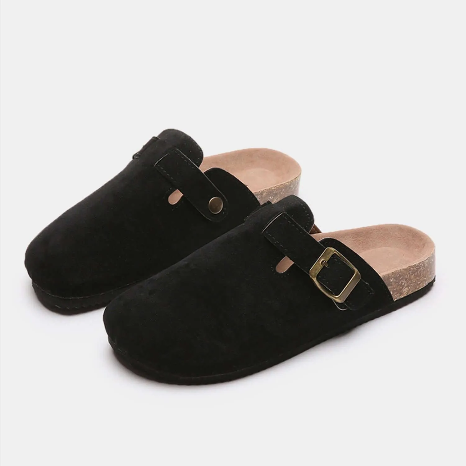 Suede Closed Toe Buckle Slides – Comfort with a Twist