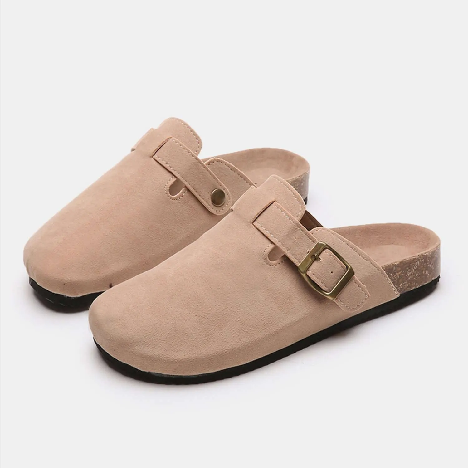 Suede Closed Toe Buckle Slides – Comfort with a Twist