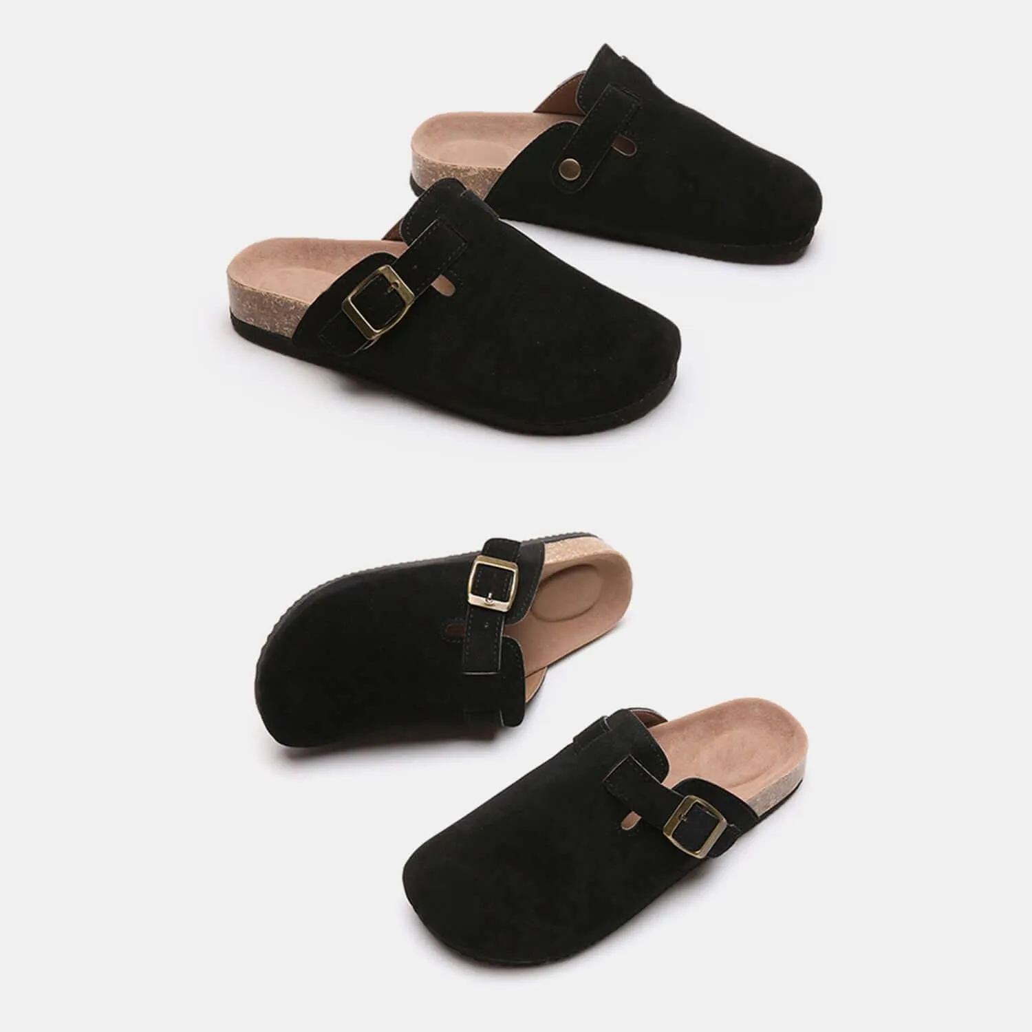 Suede Closed Toe Buckle Slides – Comfort with a Twist