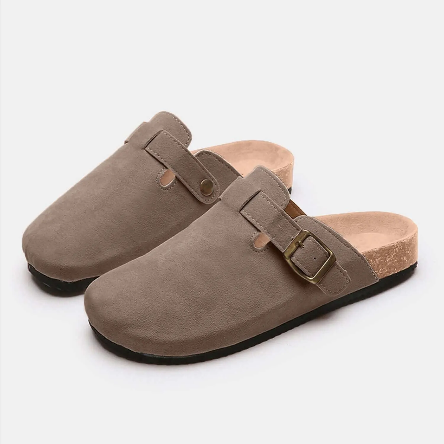 Suede Closed Toe Buckle Slides – Comfort with a Twist