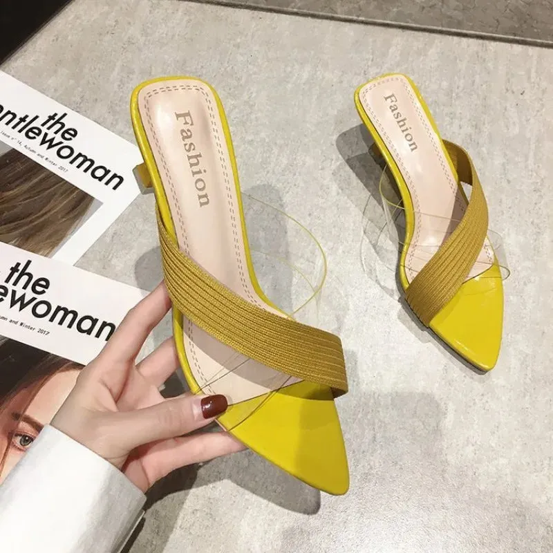 Summer Women Yellow Green Beige Pumps Sandals For Ladies Sexy Mules High Heels Slip-on Slippers Slides Shoes New 2024