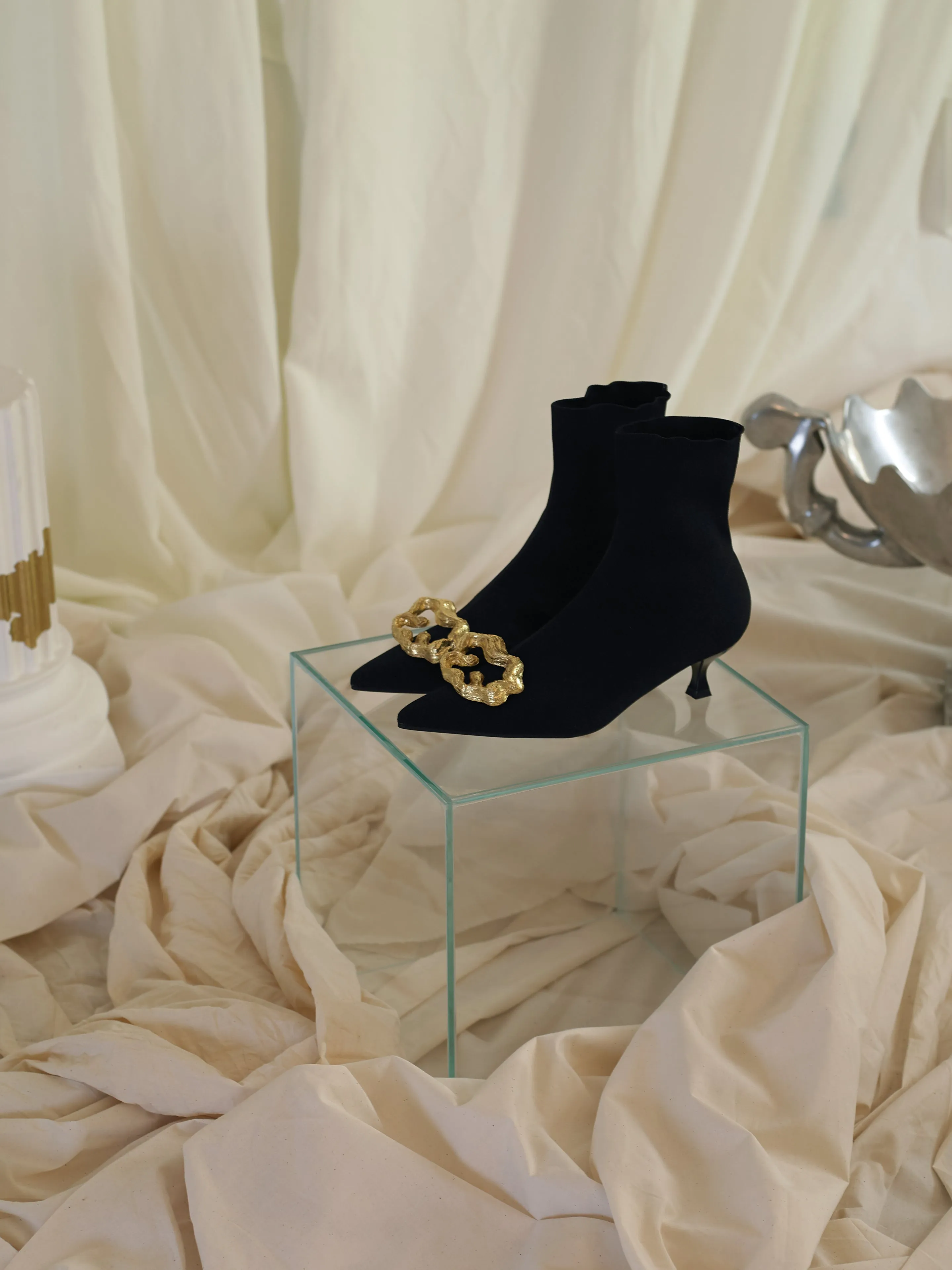 Techno-Knit Galea Low-Heeled Boots - Black/Gold