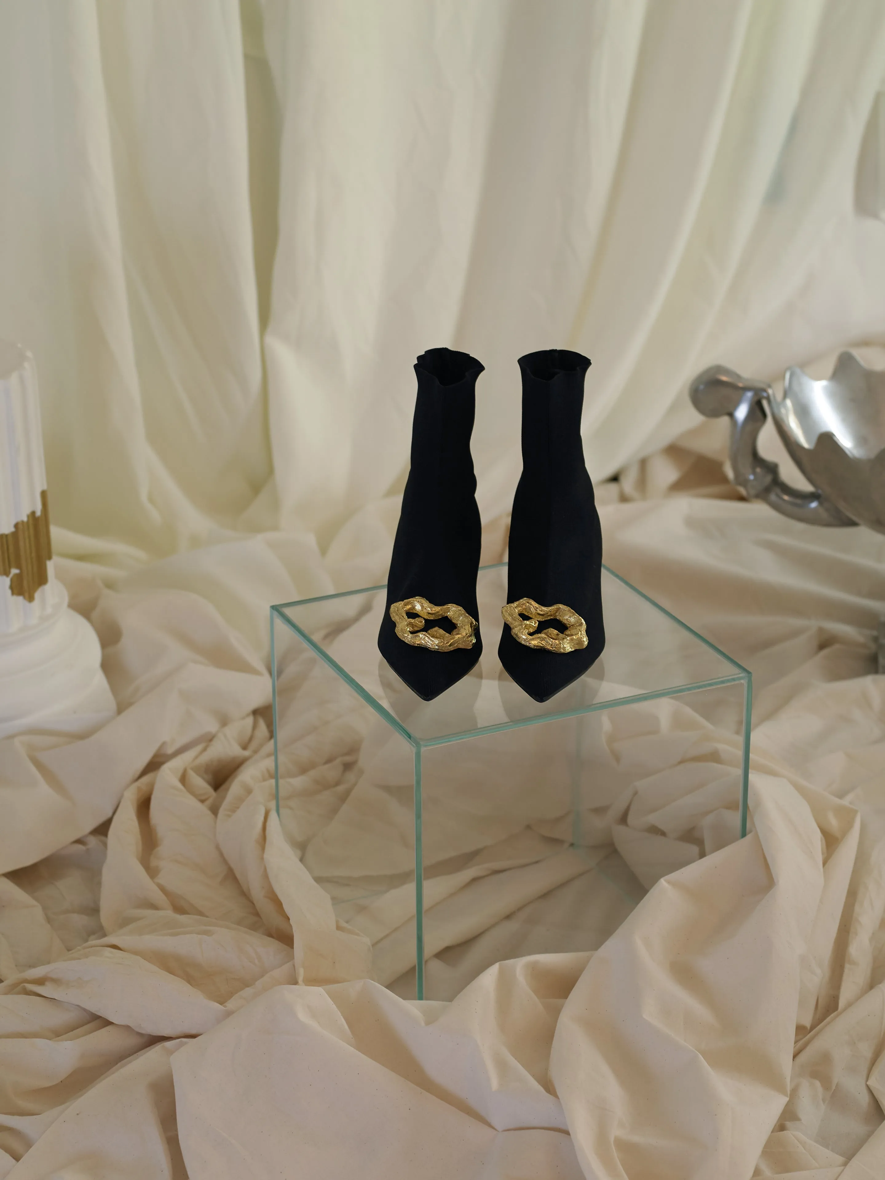 Techno-Knit Galea Low-Heeled Boots - Black/Gold