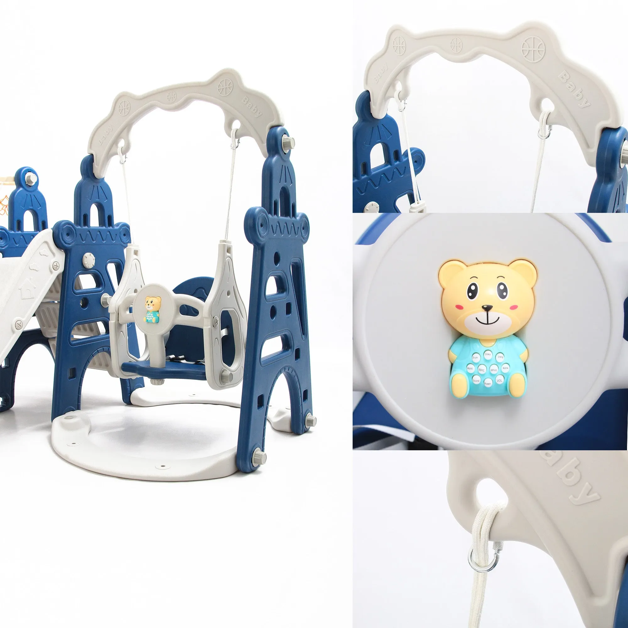 Tower 4 in 1 Kids Slide and Swing Set | Basketball Hoop | Music | Blue