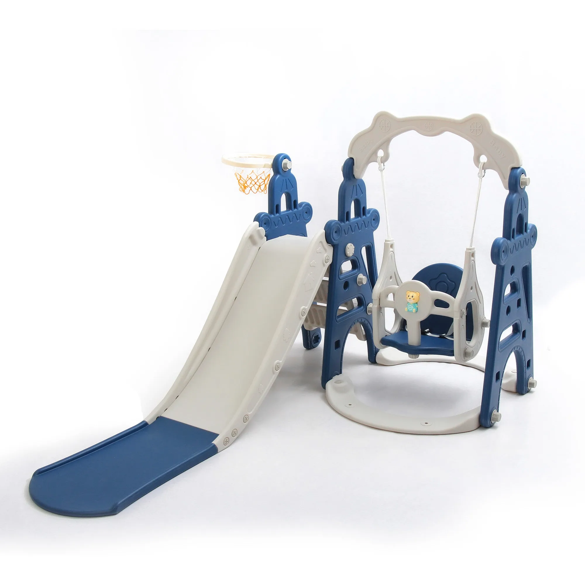 Tower 4 in 1 Kids Slide and Swing Set | Basketball Hoop | Music | Blue