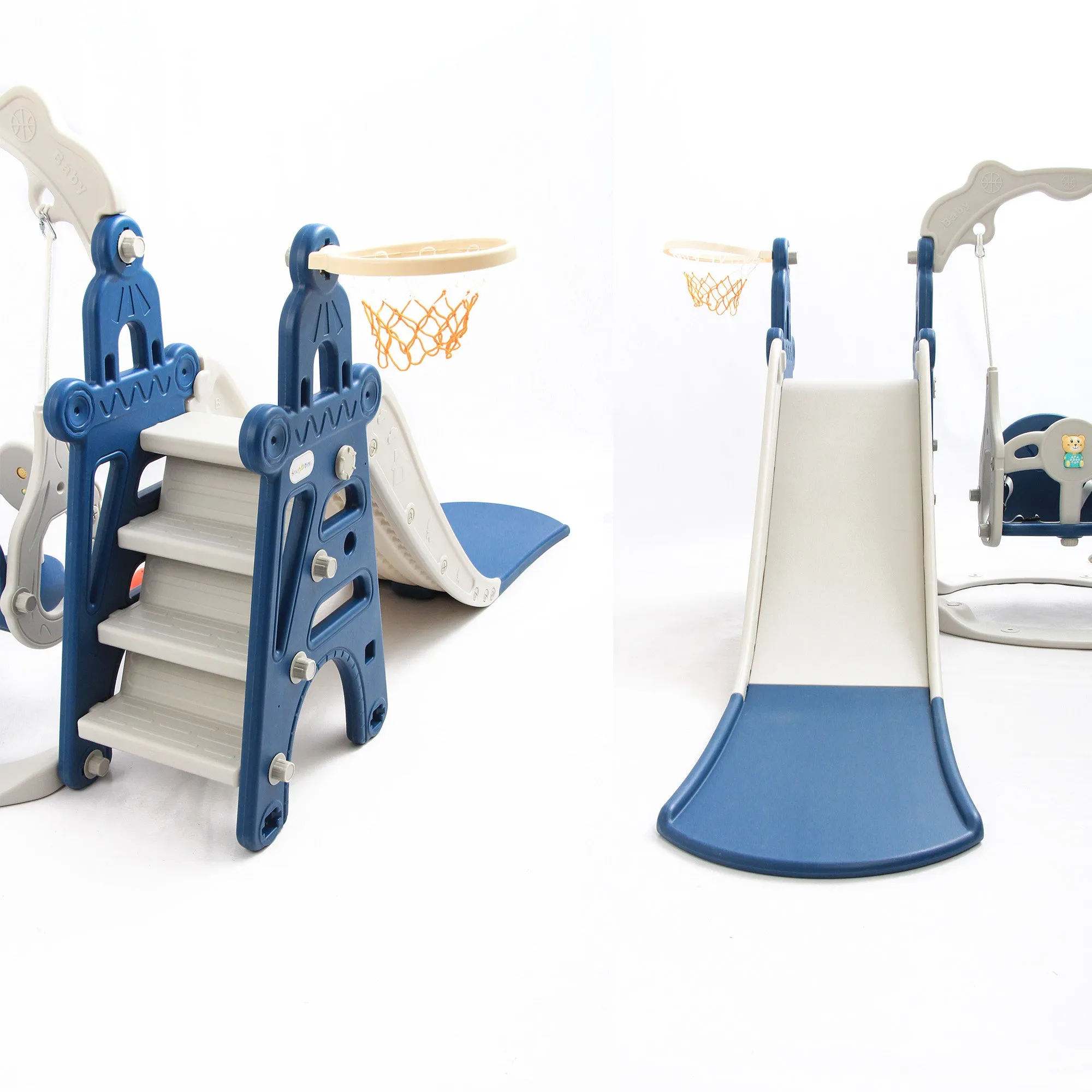 Tower 4 in 1 Kids Slide and Swing Set | Basketball Hoop | Music | Blue