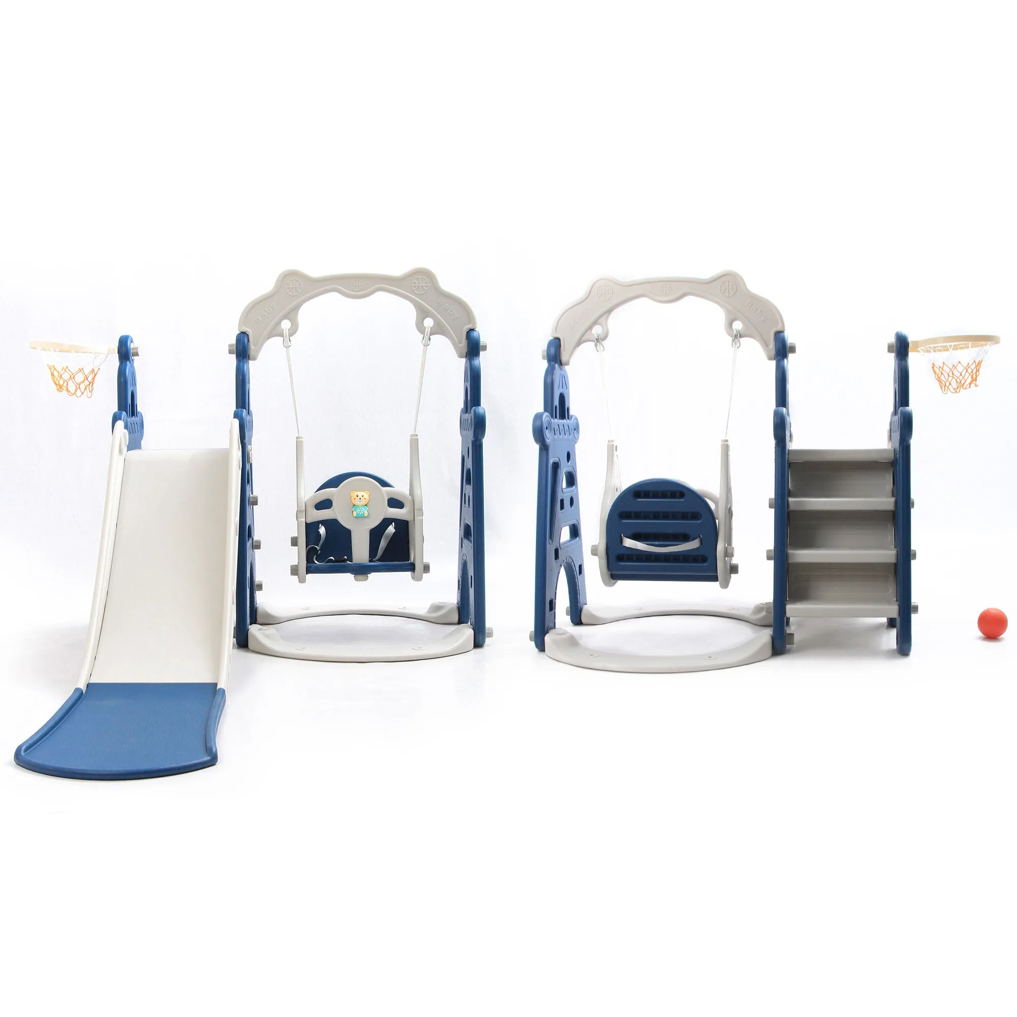 Tower 4 in 1 Kids Slide and Swing Set | Basketball Hoop | Music | Blue