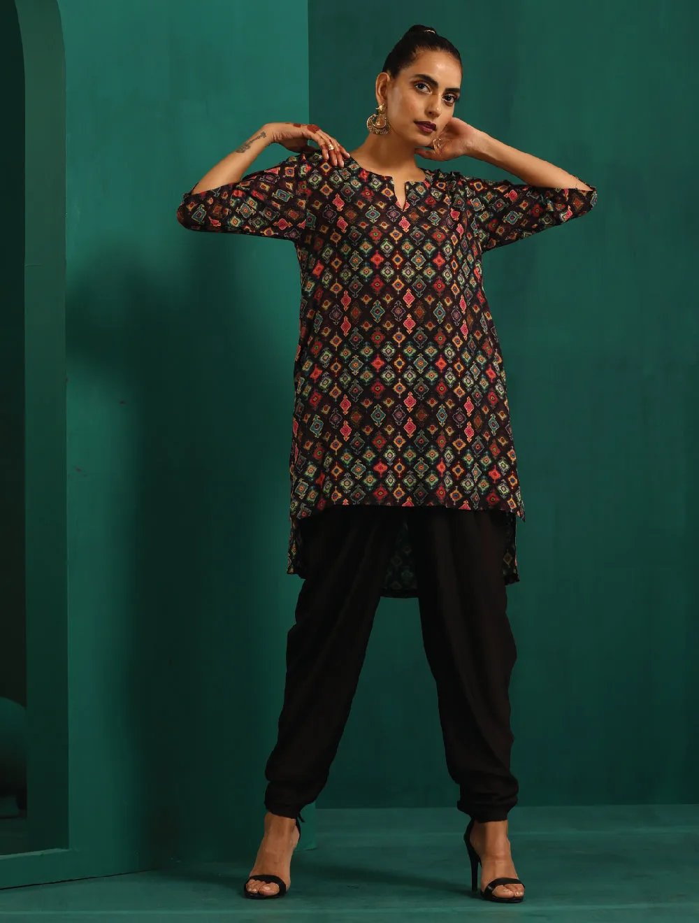 trueBrowns Black Ikat Muslin Silk Printed High Low Co-ord Set