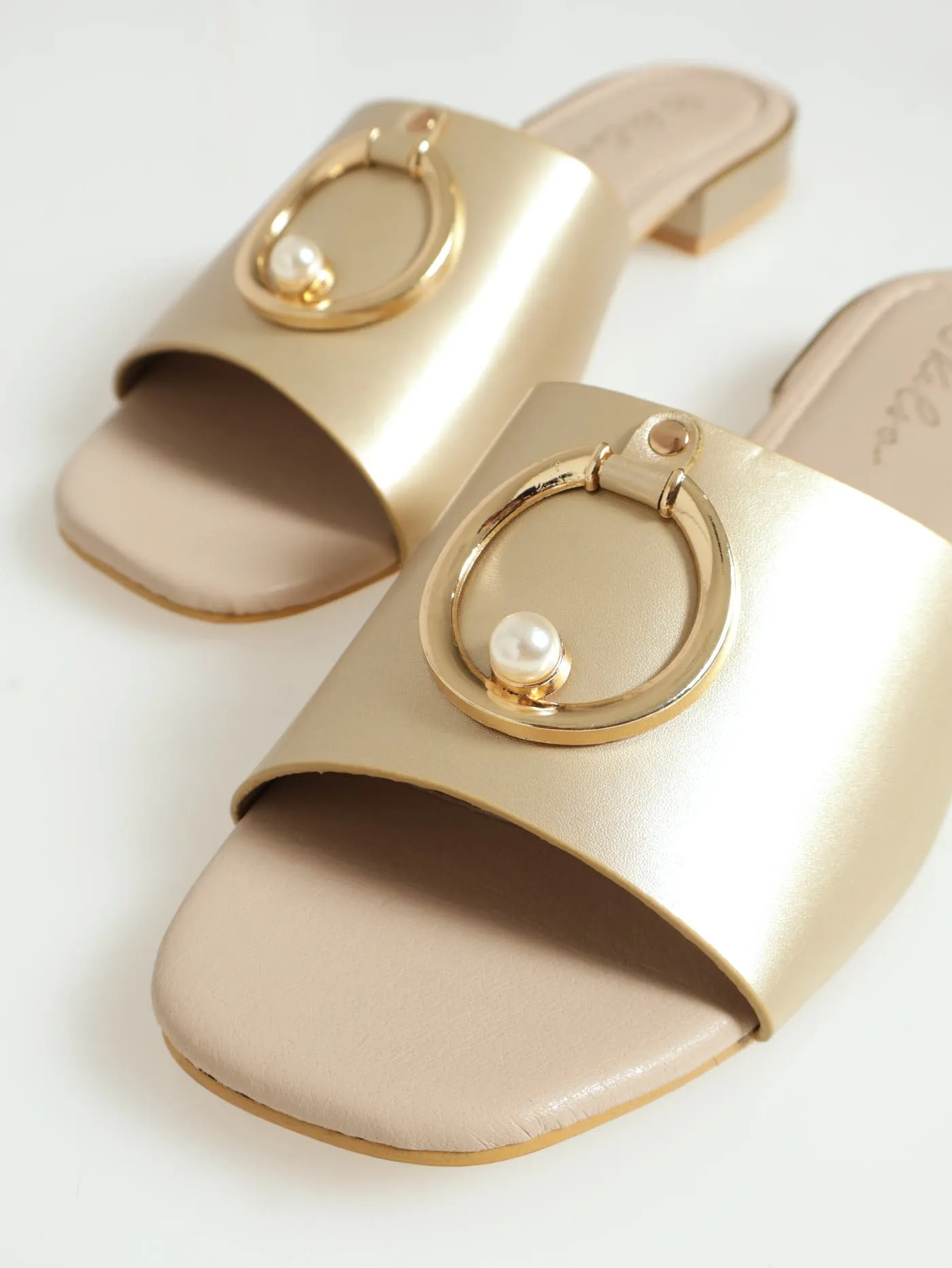 Wide Band Mule With Circle & Pearl Trim - Champagne