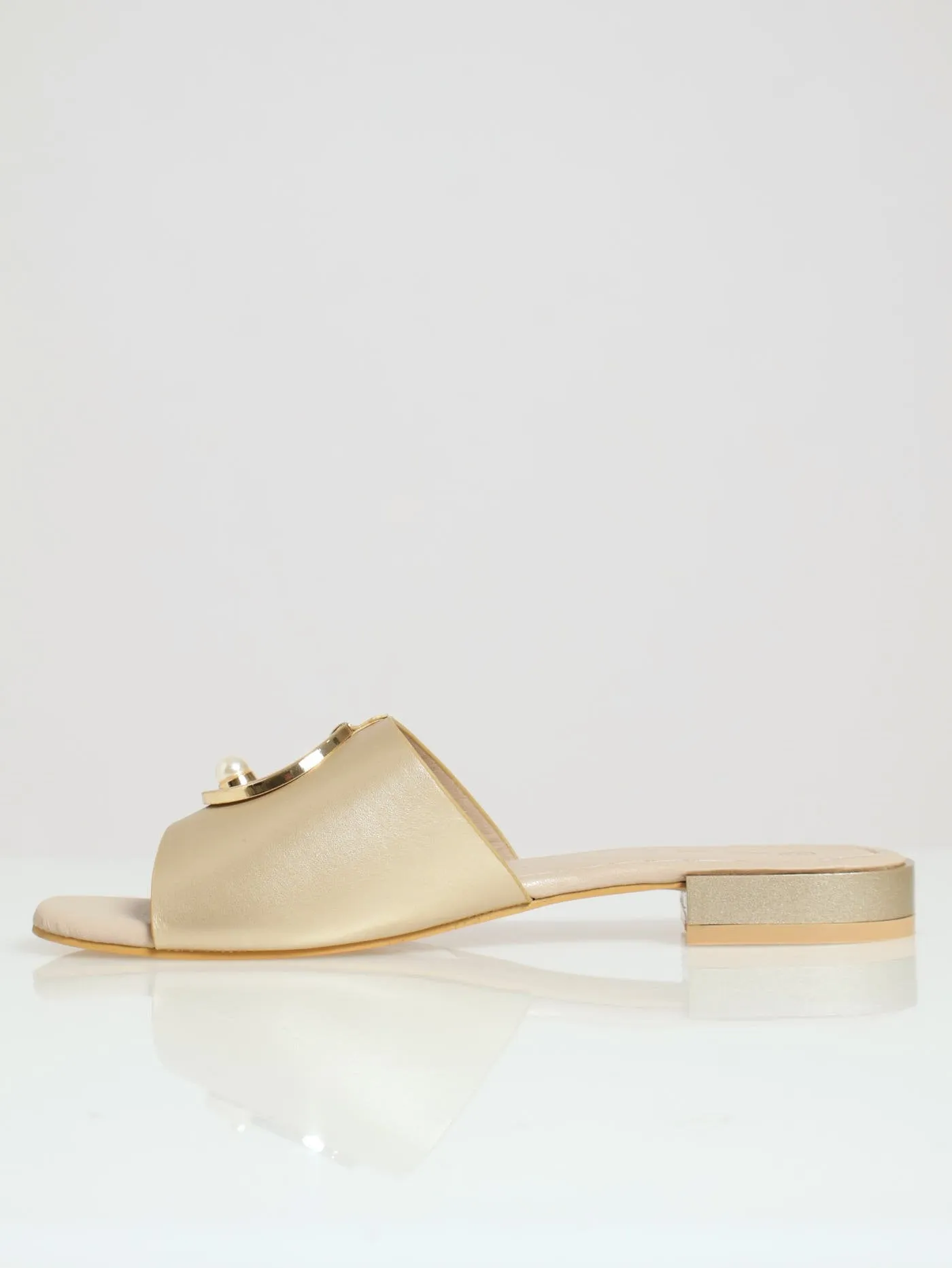 Wide Band Mule With Circle & Pearl Trim - Champagne