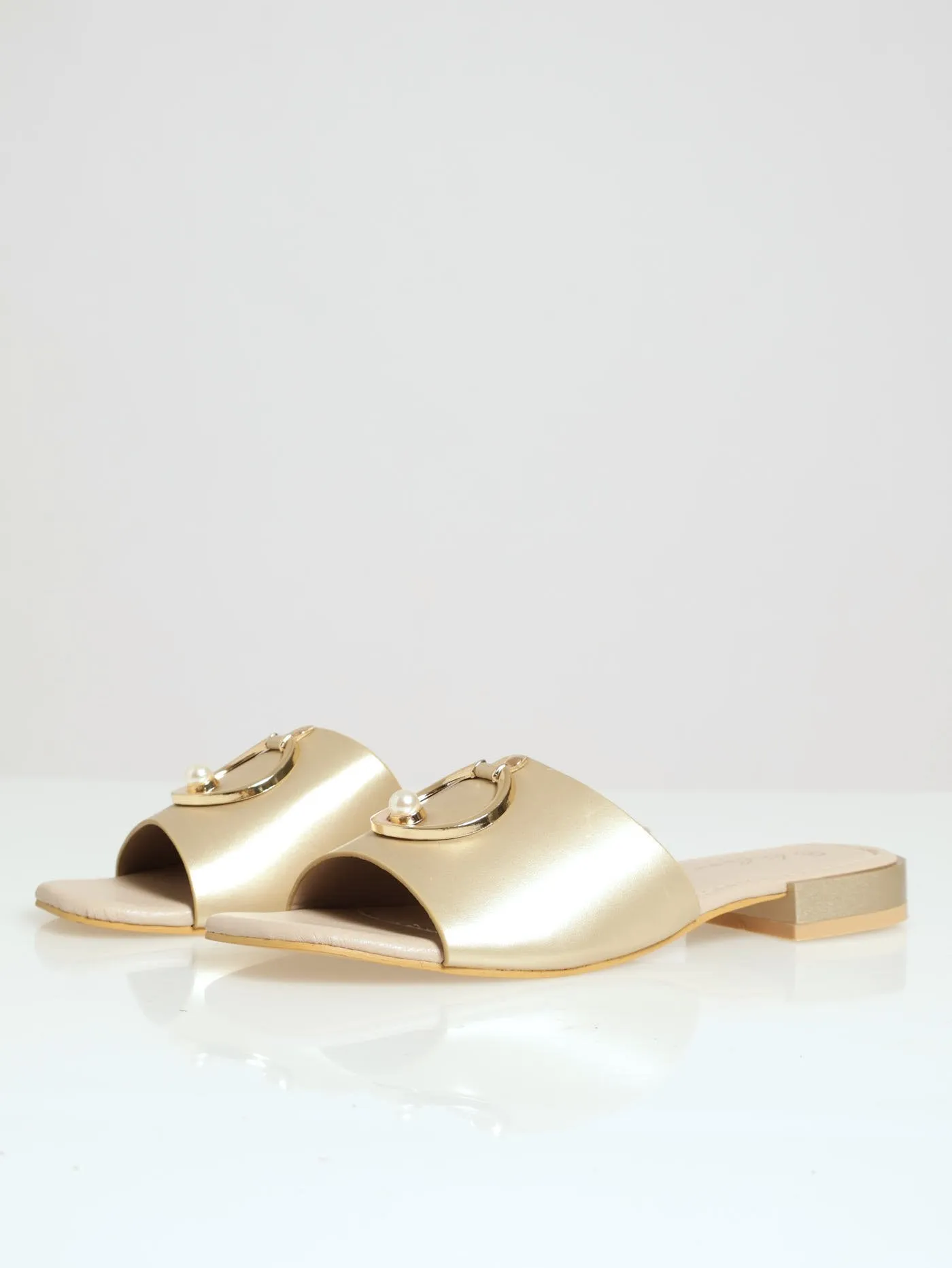 Wide Band Mule With Circle & Pearl Trim - Champagne