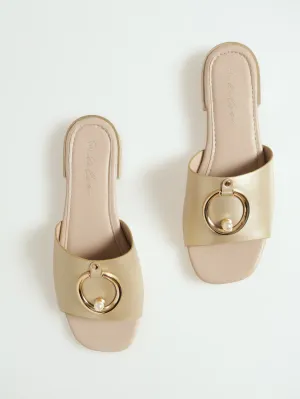 Wide Band Mule With Circle & Pearl Trim - Champagne