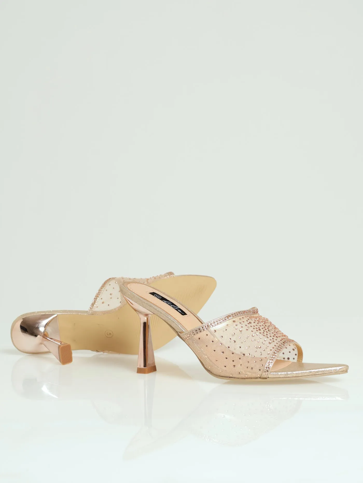 Wide Vamp Studded Mesh Pointy Mule Heel - Rose Gold