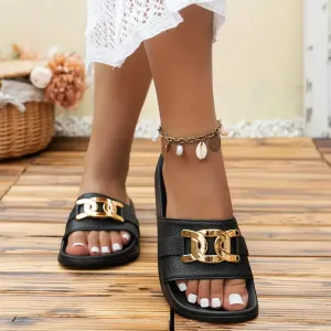 Women's Gold Buckle Slides - Low Heel, Slip-On, PU & EVA