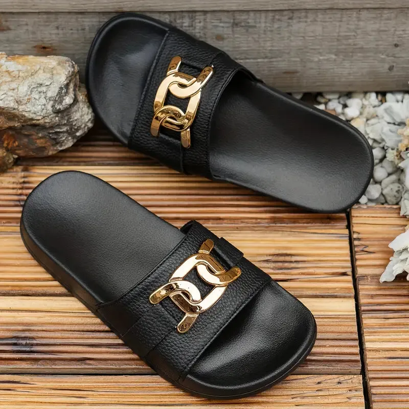 Women's Gold Buckle Slides - Low Heel, Slip-On, PU & EVA